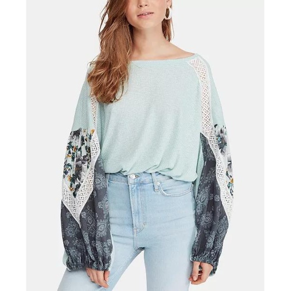 Free People Mixed Media Thermal Balloon Sleeve Top Mint Green Floral Lace Boho